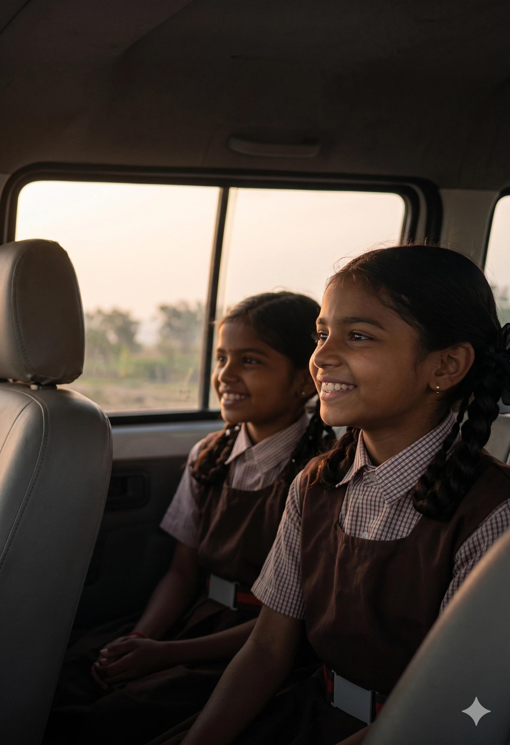 Happy school children in a van gifted by The Better Human NGO