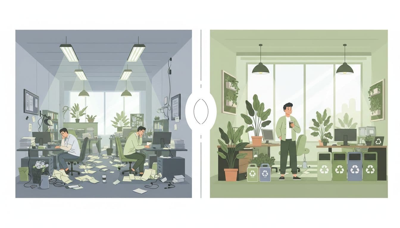 Split view shows chaotic left office with waste and two workers beside tidy right green office with plants, recycling, and happy worker.