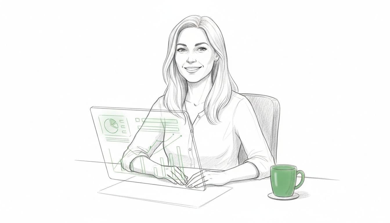Hand-drawn sketch of smiling donor viewing angled transparent report on screen at desk with coffee mug.