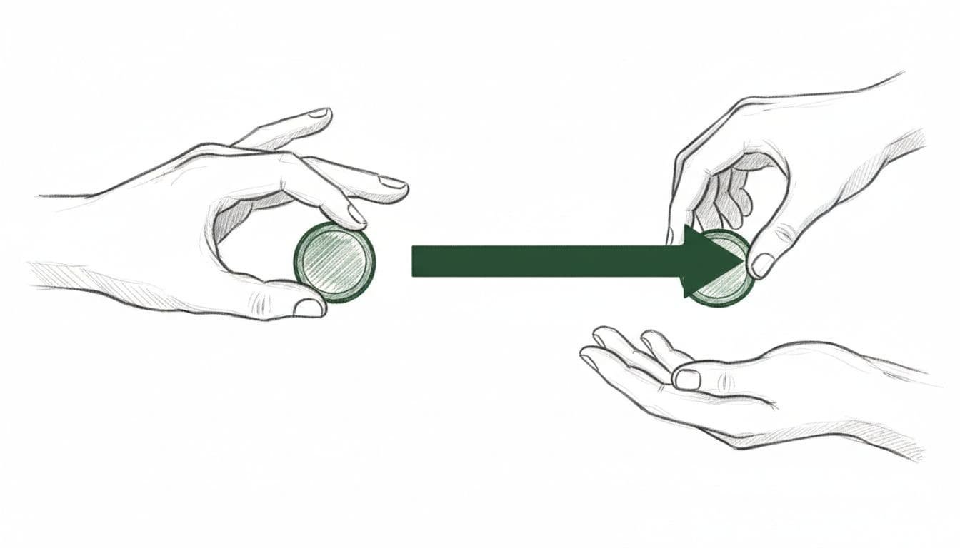 Graphite sketch of donor hand holding coin connected by straight dark arrow to recipient hand on white background.