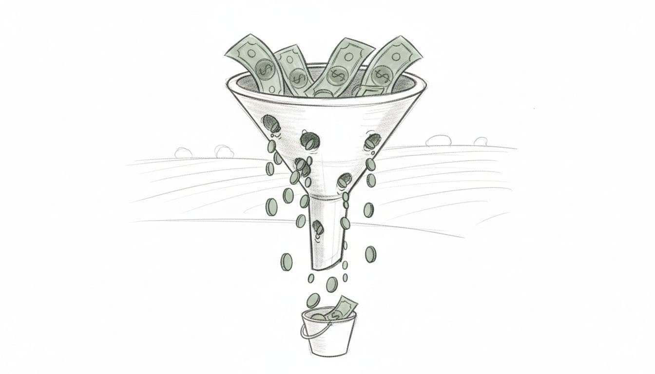 Hand-drawn sketch of funnel with coins entering top and dripping from side holes before bottom.