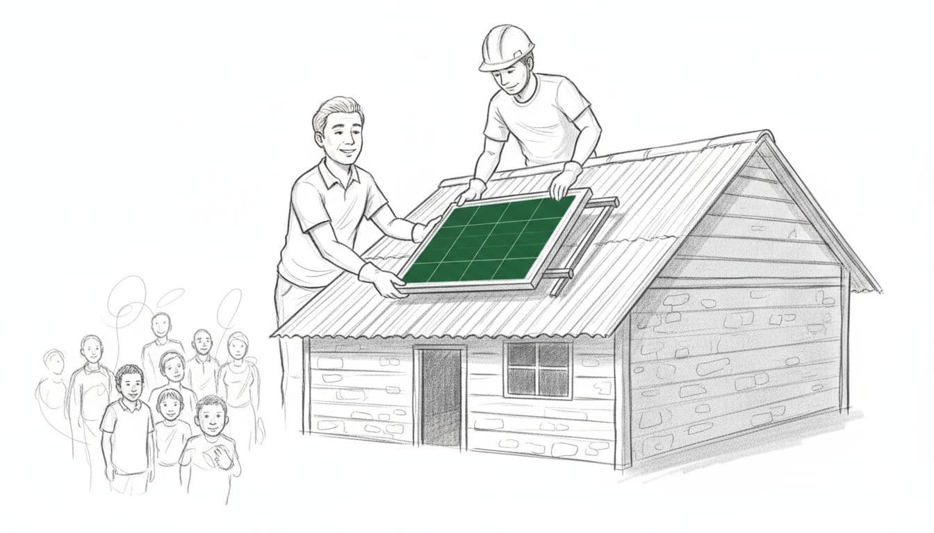 Hand-drawn graphite sketch of a single donor standing beside a charity worker installing a solar panel on a rural school roof, with blurred villagers in the background and clean white background.