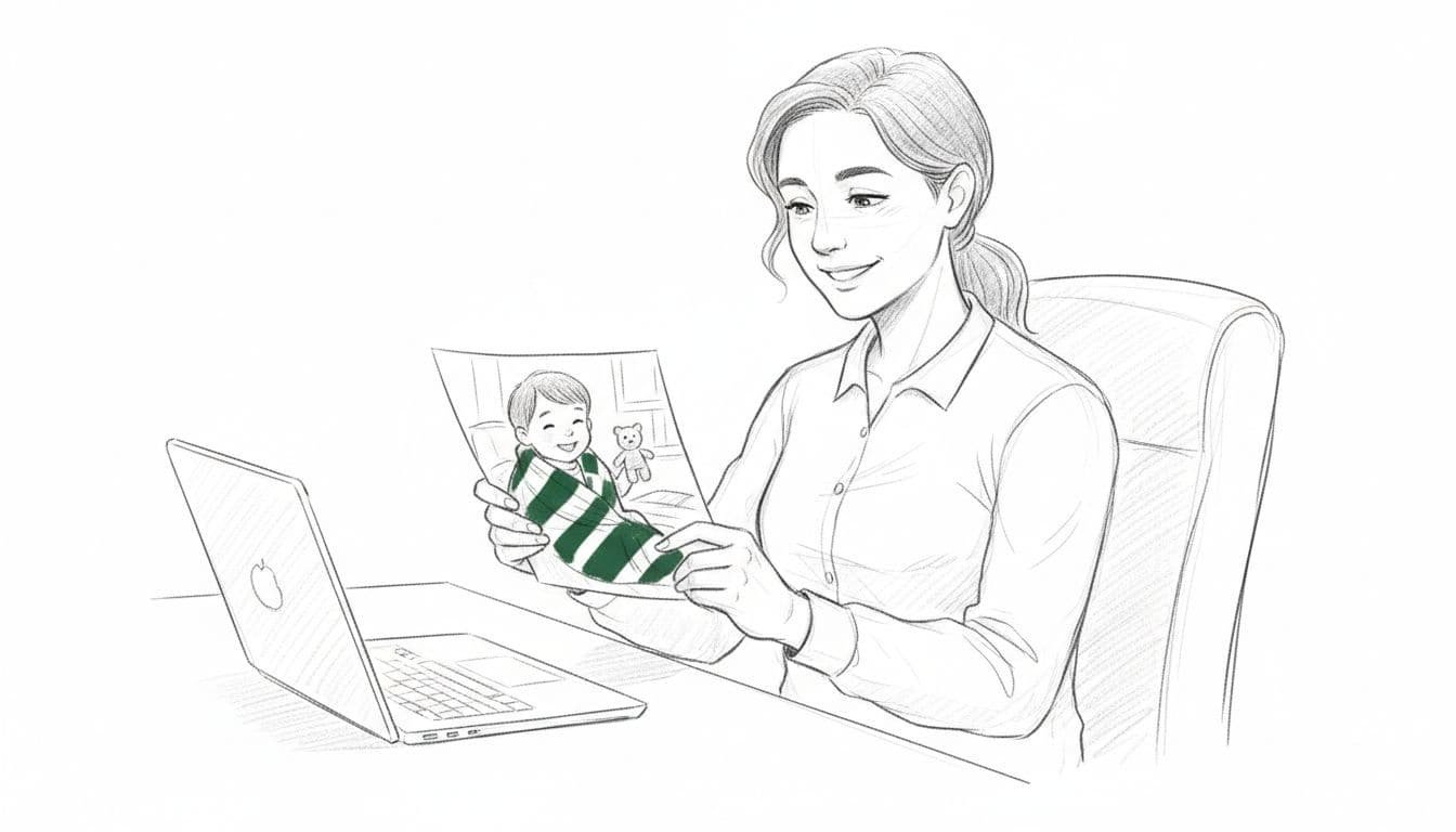 Hand-drawn graphite sketch of a donor in relaxed pose at home desk, holding printed thank you photo of child using donated blanket accented in green, laptop nearby, light shading on white background.