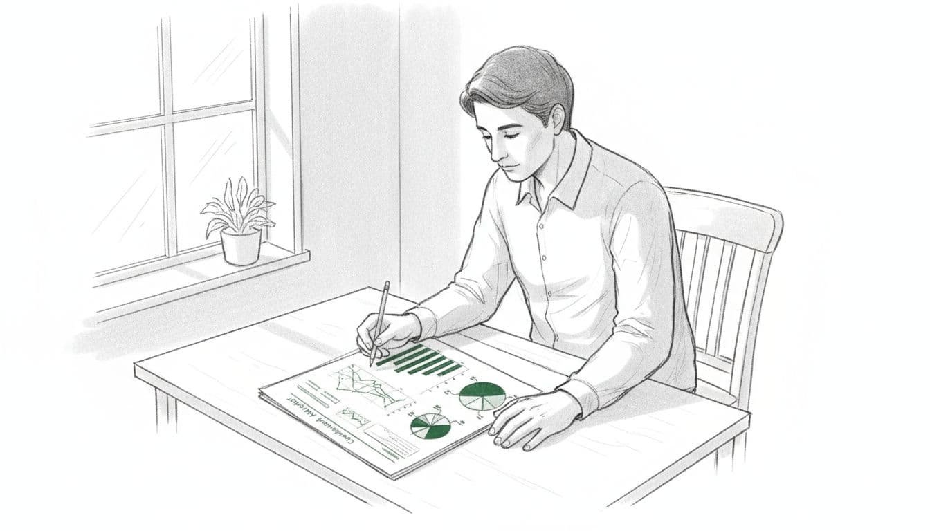 A donor in a simple office setting reviews a detailed impact audit report on a desk with charts and graphs, hand-drawn sketch style.