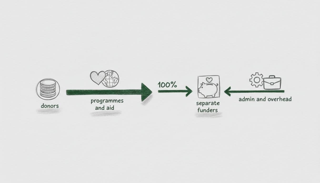 Hand-drawn diagram showing two funding streams: 100% from donors directly to programs and aid, and separate funding to admin and overhead.