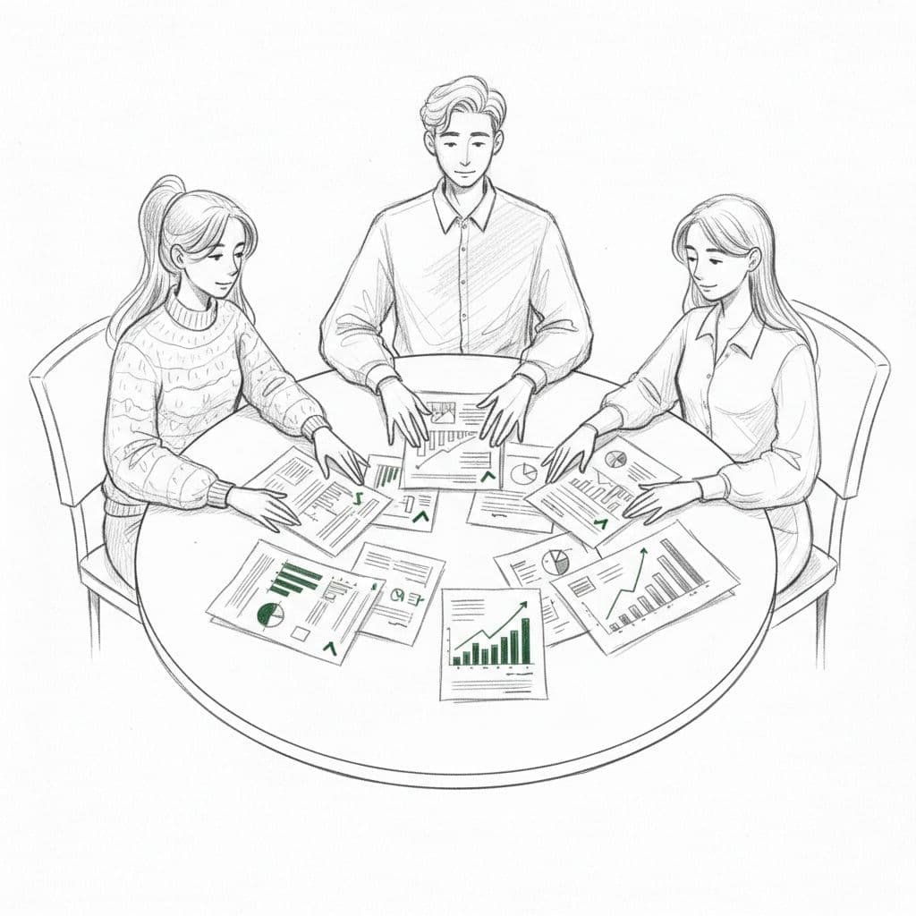 Hand-drawn sketch of three donors at a table reviewing charity reports with graphs and green checkmarks, highlighting transparency in a square composition.