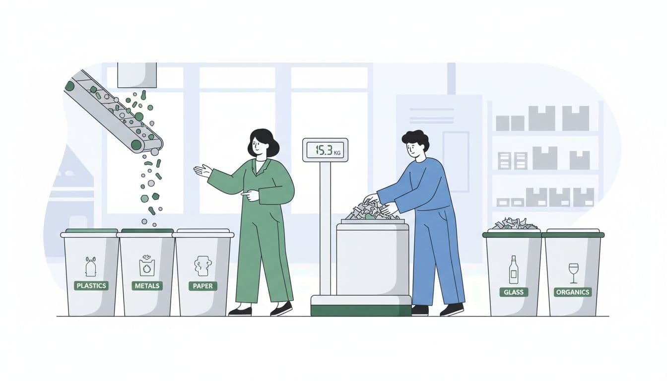 Two factory workers sort waste into labeled bins and weigh scraps on a digital scale in a bright workshop.