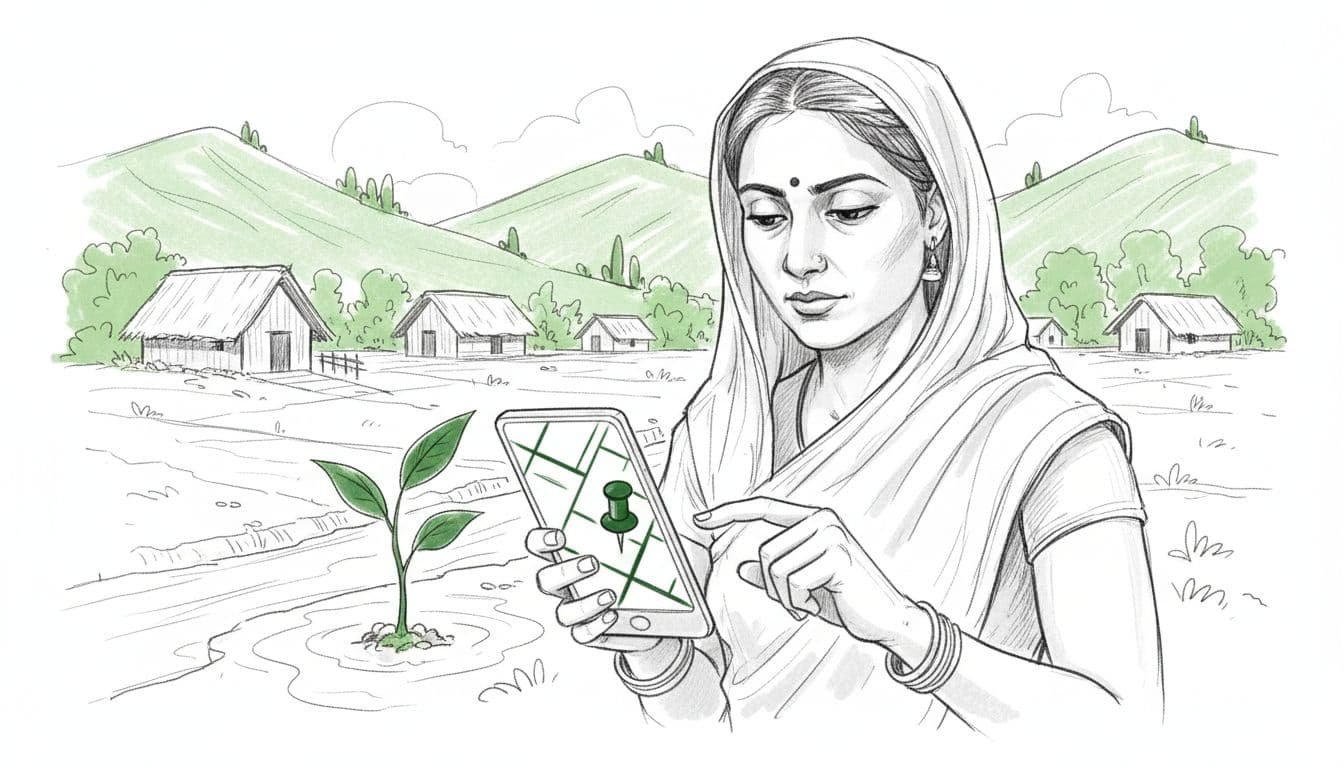 Graphite sketch of rural Indian field worker holding smartphone with map pin, geo-tagging tree by water amid village huts and greenery.