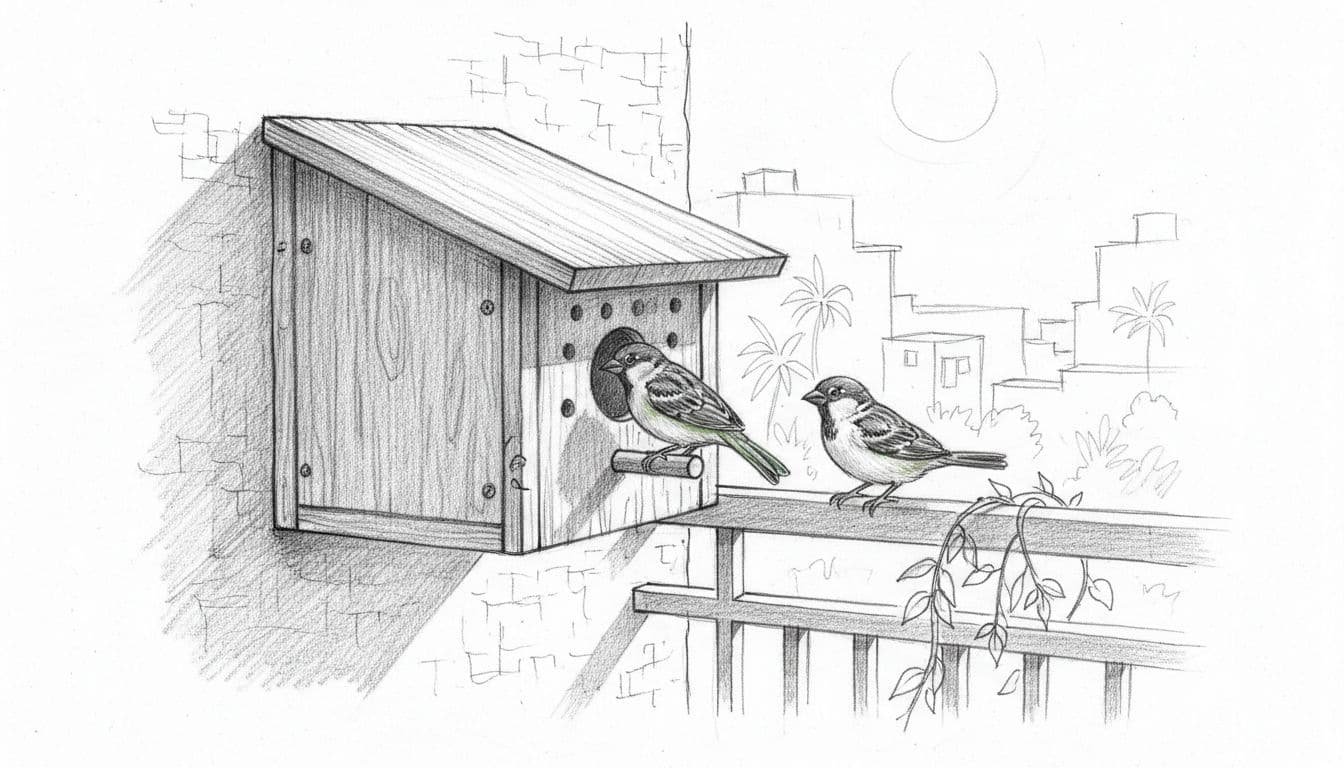 Hand-drawn graphite sketch of a sturdy wooden bird nest box mounted on a balcony wall in a hot Indian city, featuring ventilation holes, sloped roof for shade, and two sparrows nearby on clean white background.