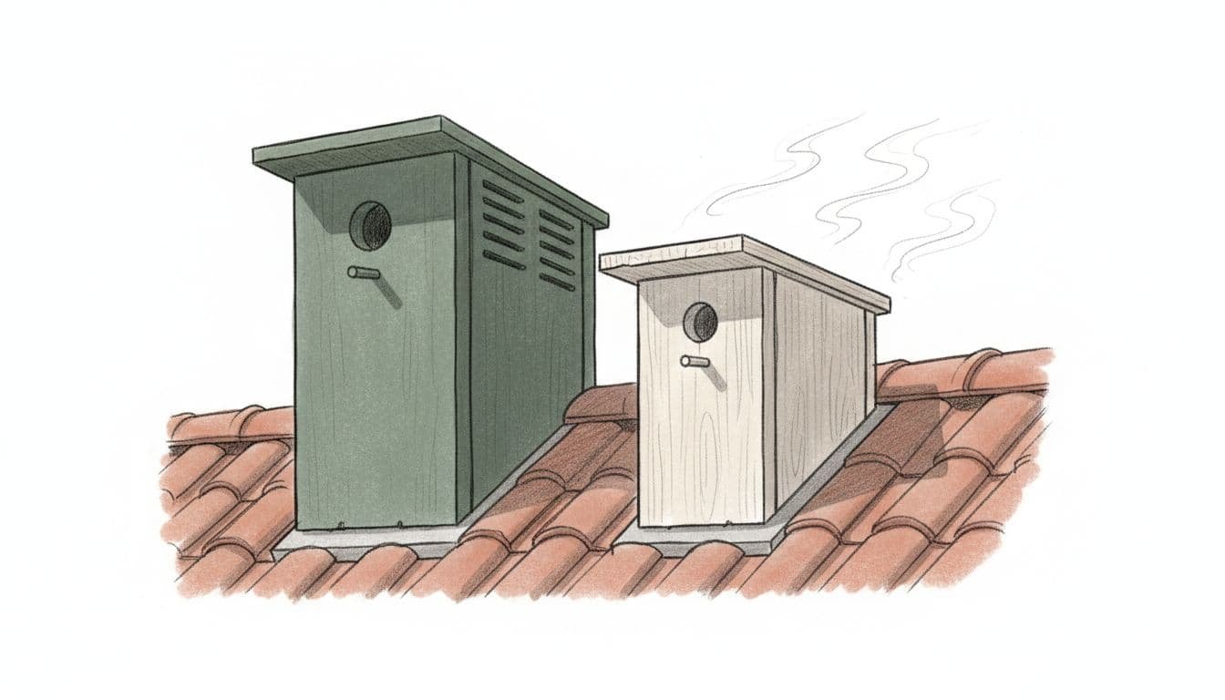 Hand-drawn sketch comparing a thickly insulated bird nest box with vents to a standard overheating box, side by side on a sunny rooftop with subtle heat waves.