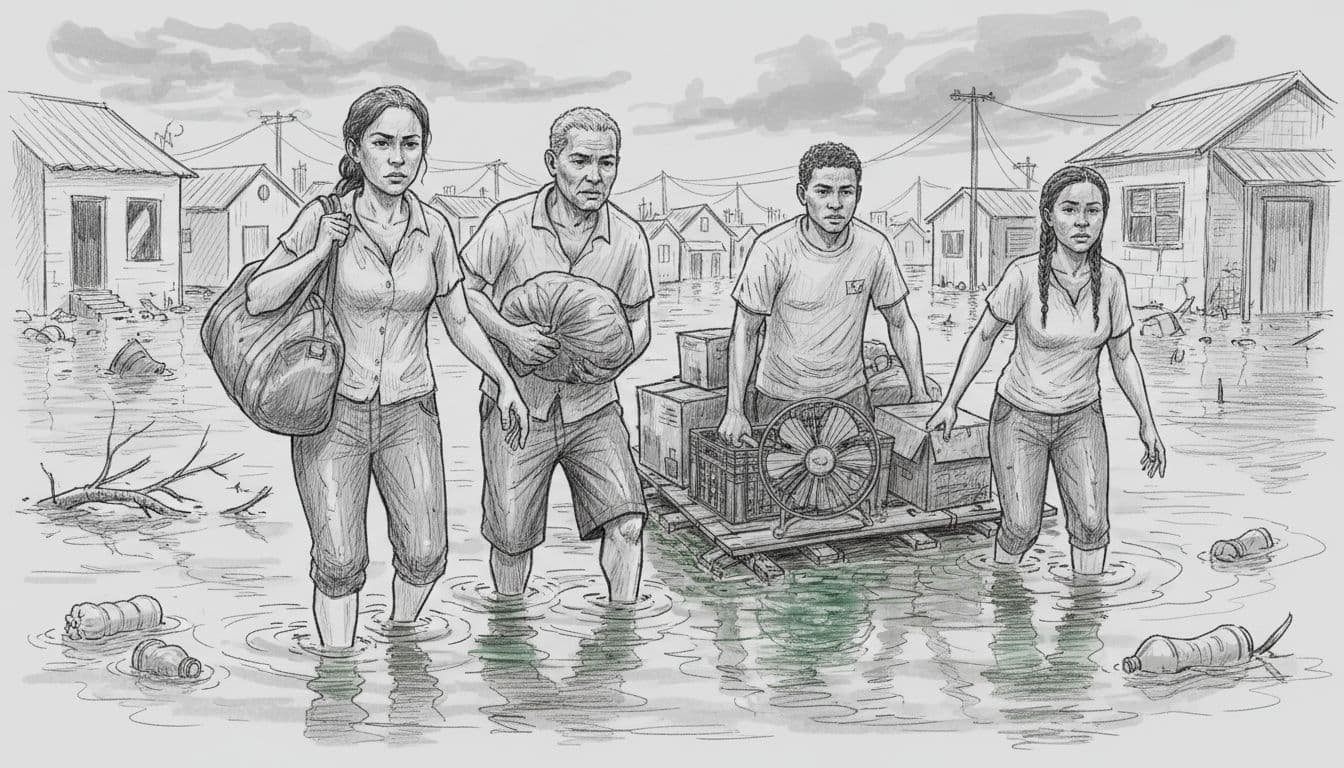 Diverse group of four people from a low-income urban neighborhood wade through knee-deep floodwater after a storm, helping carry soaked belongings amid damaged homes under a rainy overcast sky. Hand-drawn graphite sketch with light shading on light gray paper background and subtle water reflections.