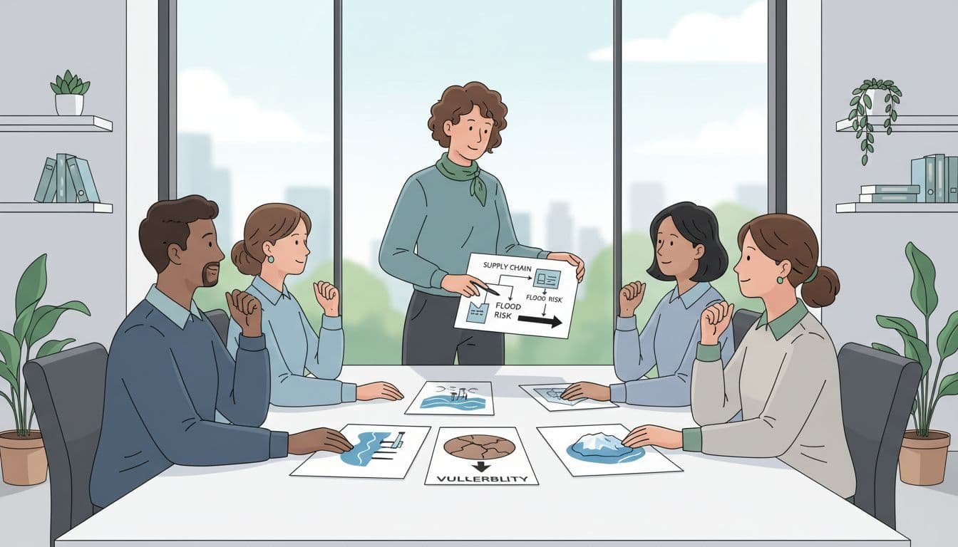 Facilitator explains supply chain flood risks to four attentive participants viewing paper handouts around a table.