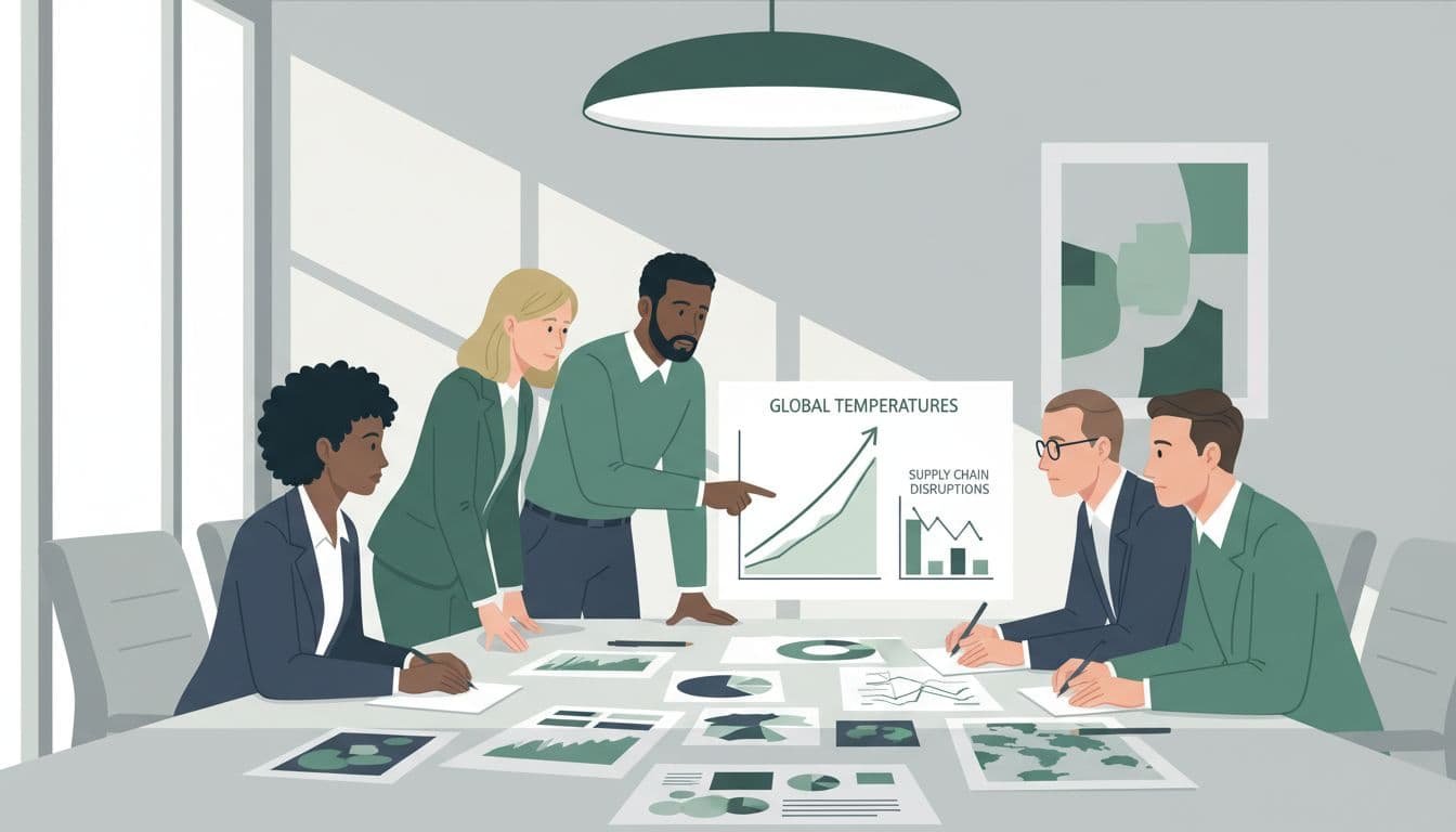 Five diverse managers in boardroom examine climate charts and risk maps on table, one pointing at rising temperature graph.
