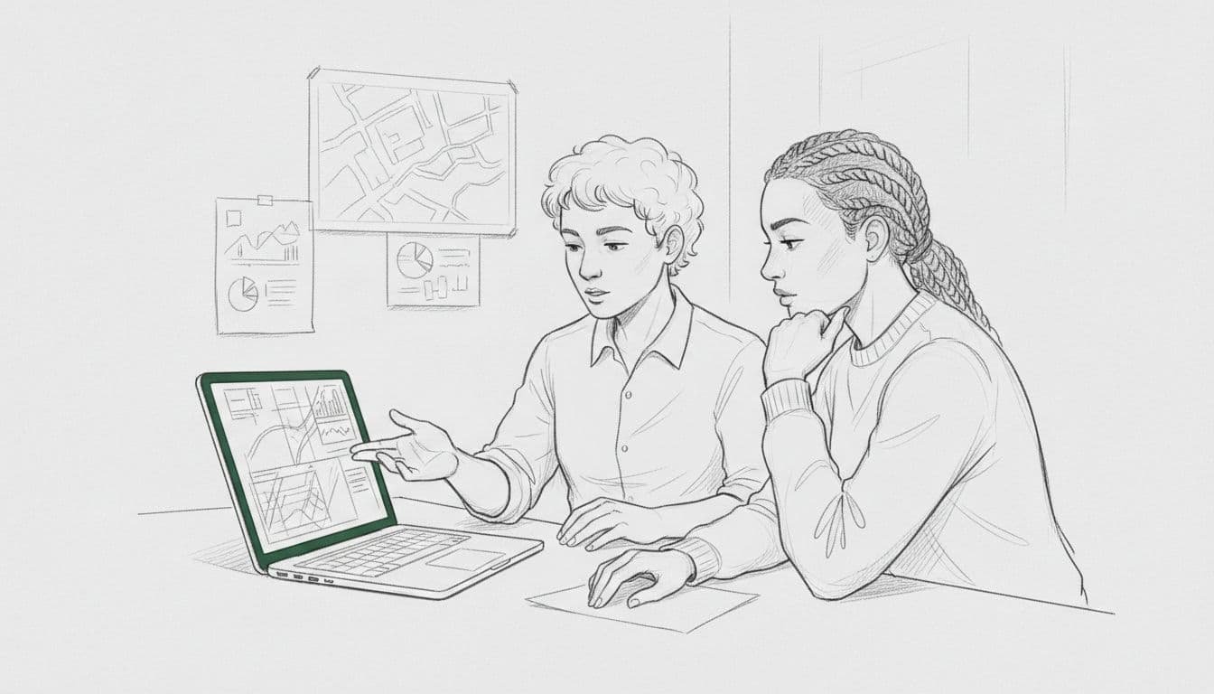 Hand-drawn graphite sketch of two NGO staff in a modest office analyzing verified field reports on a laptop screen showing charts and maps, light shading on gray paper background.