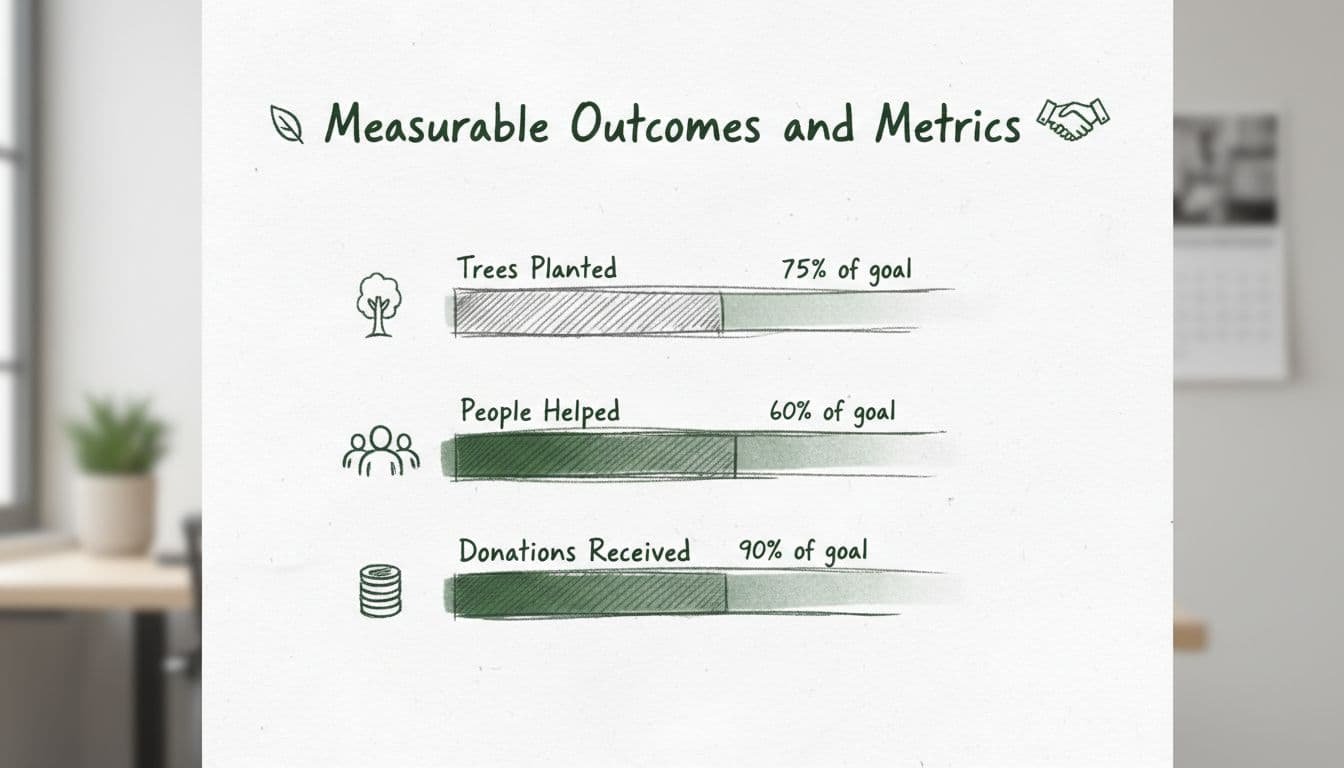 A hand-drawn sketch of a metrics dashboard on a nonprofit report page, showing impact outcomes like trees planted and people helped with simple bars and icons, graphite linework, light shading, and #1B3022 accents on a neutral office background with white paper.
