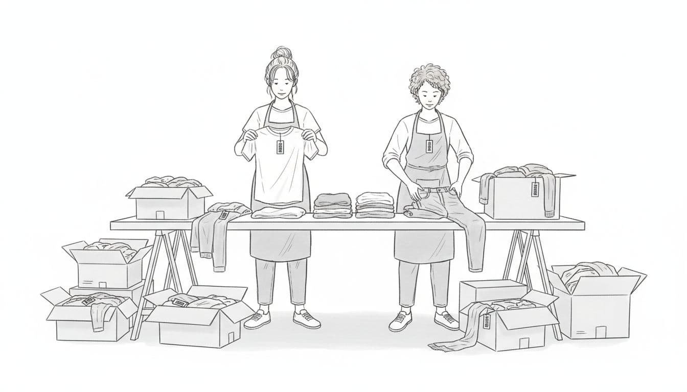 Hand-drawn graphite sketch of two nonprofit staff sorting donated clothing on a warehouse table with nearby boxes, light shading on clean white background.