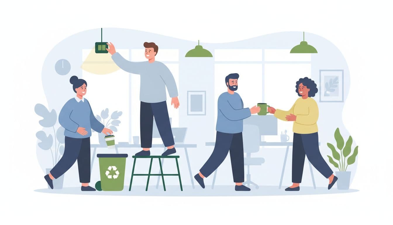 Four colleagues in bright open-plan office: one switches off light, another recycles, two share reusable mug.