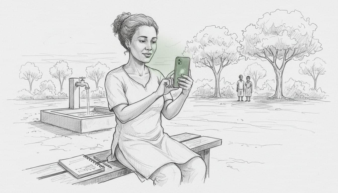 Hand-drawn graphite sketch of a field coordinator in a rural Indian village holding a smartphone to photograph a community water project, notebook nearby, simple outdoor setting with trees and distant figures on light gray paper background.