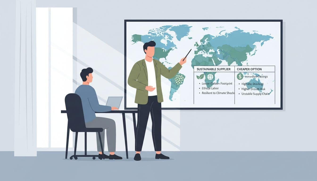 Standing team lead helps seated employee review wall maps and pros-cons lists comparing sustainable and drought-risk suppliers in office.