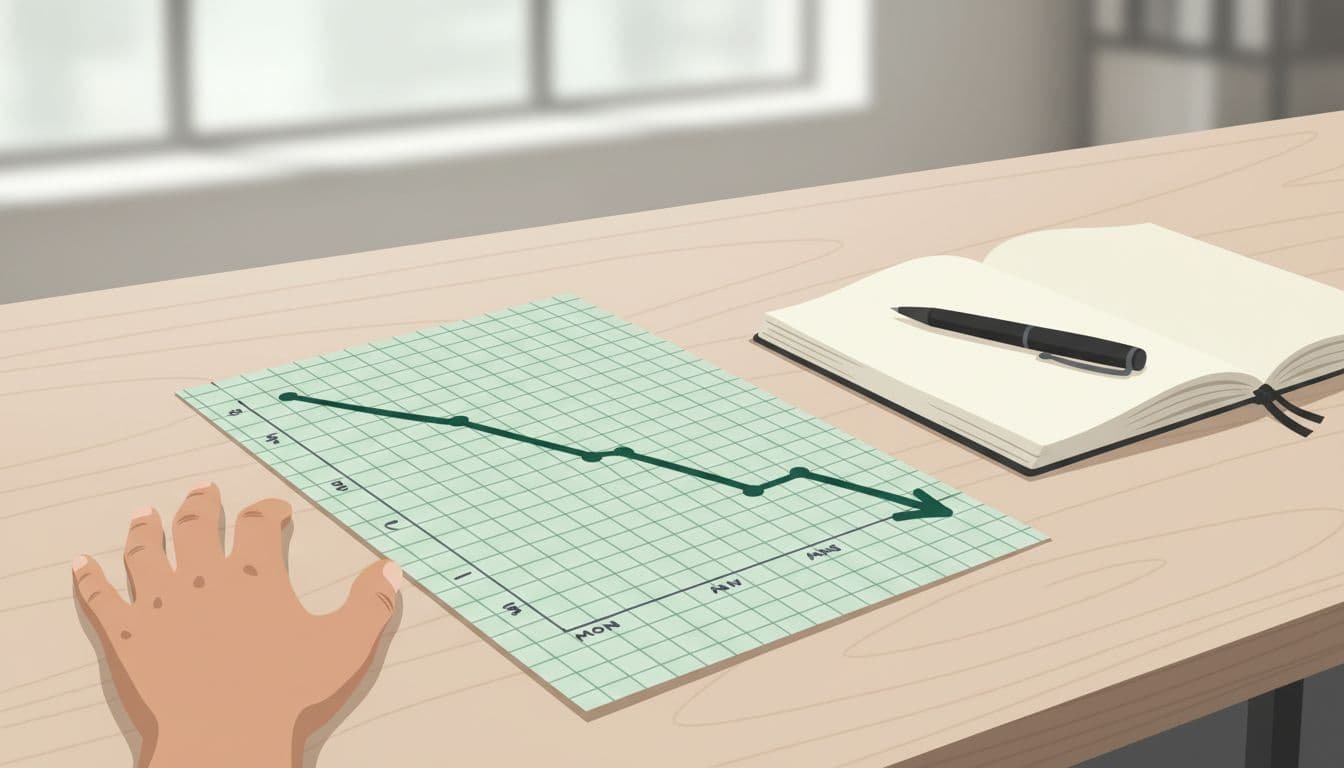 Hand-drawn line chart on graph paper tracks decreasing waste volumes over months with downward arrow on wooden desk beside notebook and pen, one hand rests loosely.
