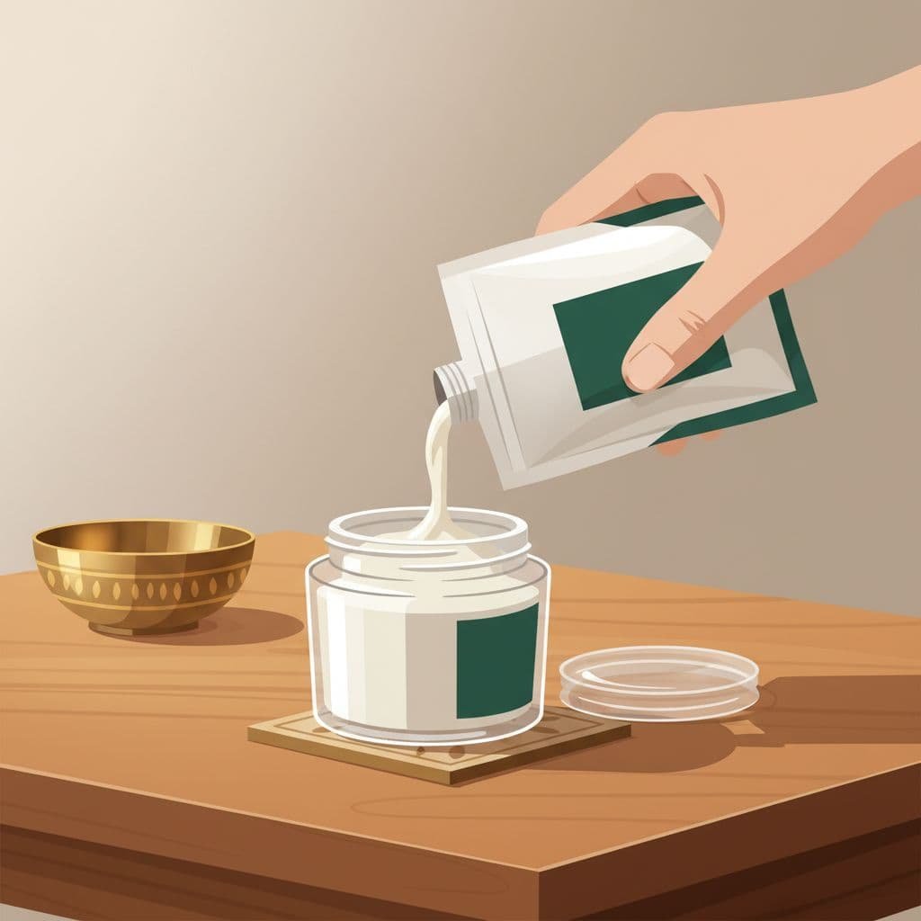 Hand pours pouch contents into glass jar on wooden table with brass accents.