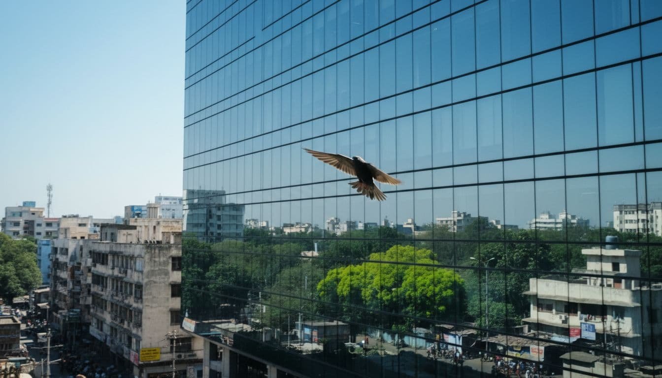 A bird flies toward the reflective glass facade of a modern urban building in India.