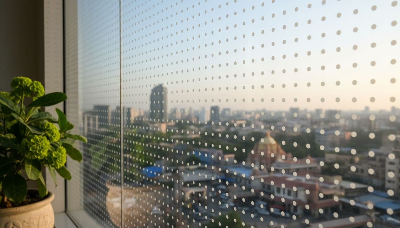 A glass window features a white dotted pattern to prevent bird collisions against a blurred city backdrop.