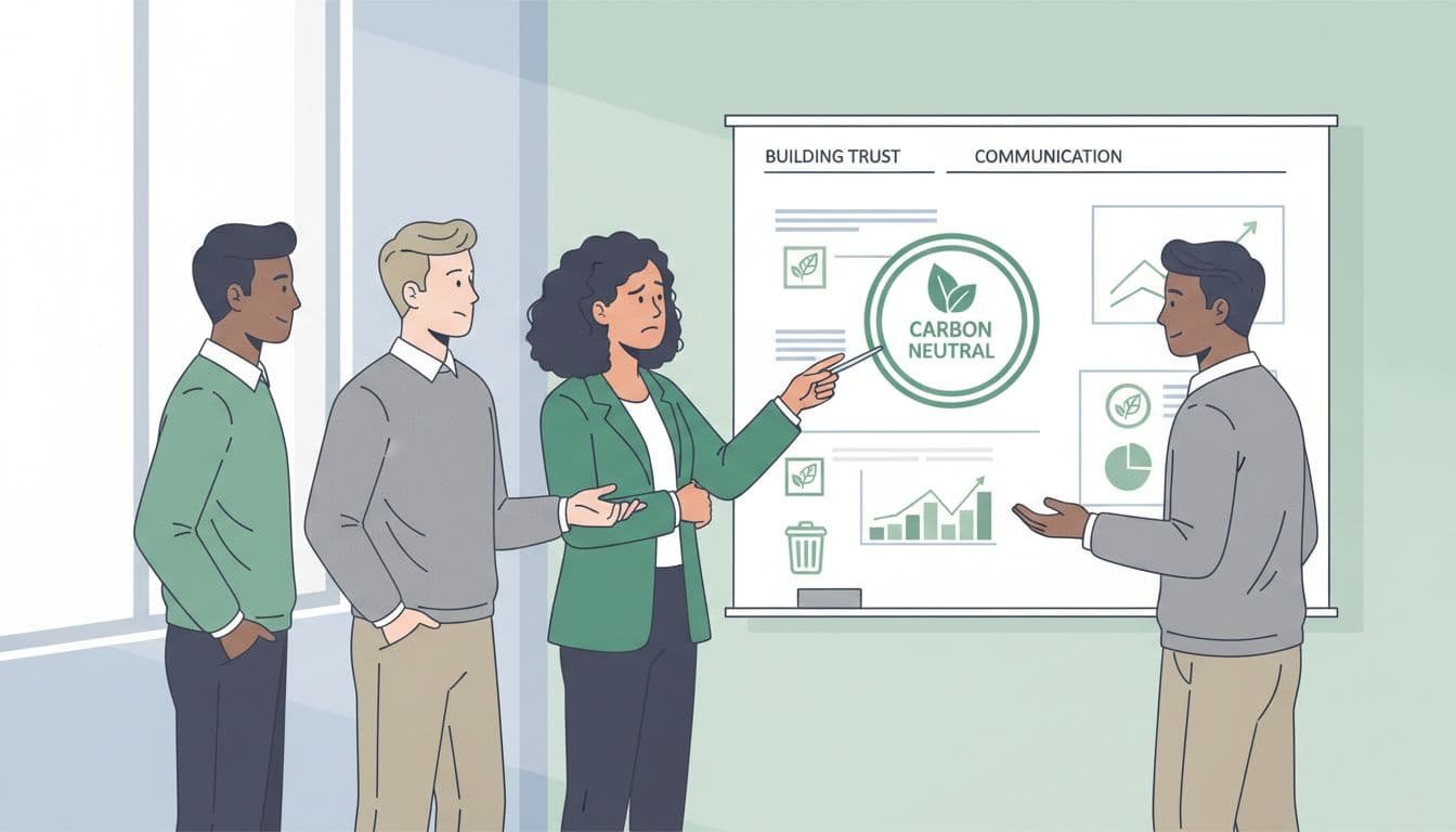 Four diverse business professionals discuss whiteboard charts with sustainability icons; one points skeptically at carbon neutral badge.