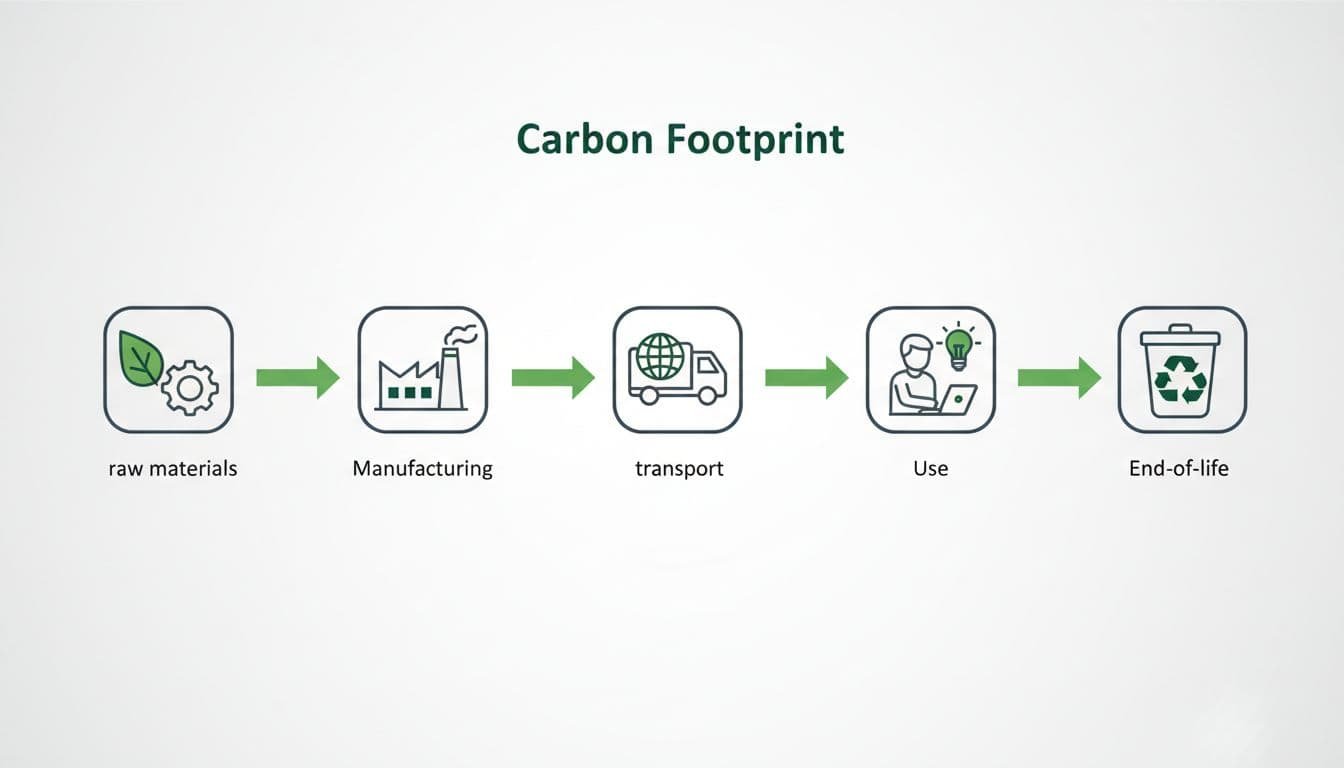 Linear icons for raw materials, manufacturing, transport, use, and end-of-life stages connected by arrows.