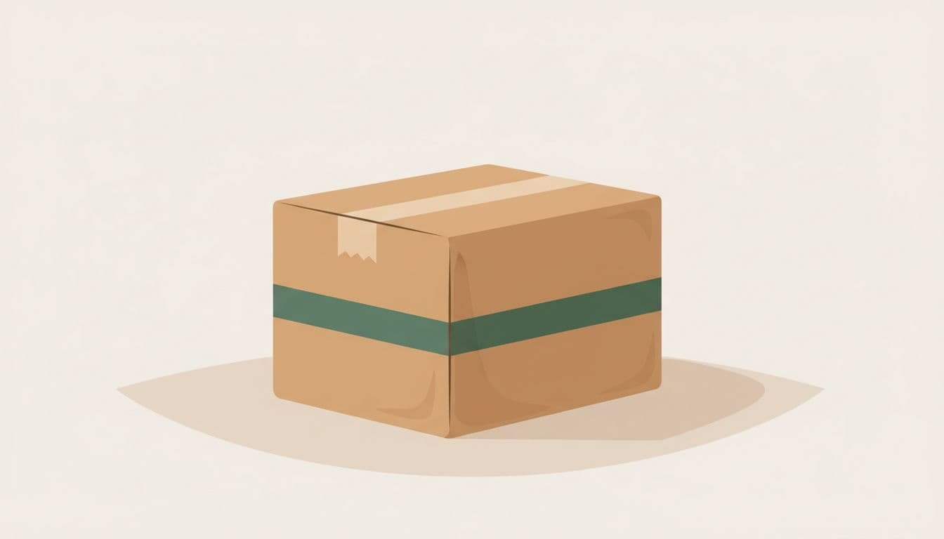 A minimalist cardboard delivery box is centered on a calm, neutral surface with dark green accents.