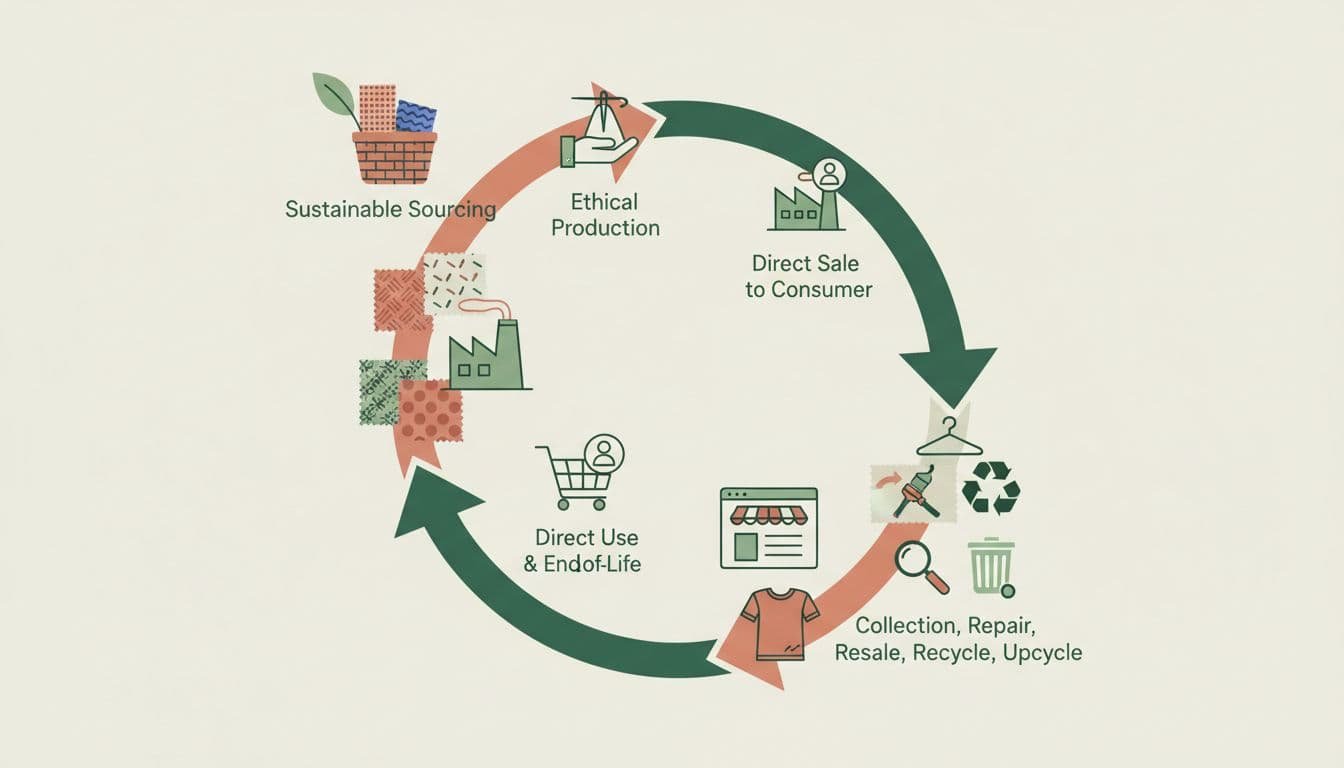 Circular diagram with icons for sustainable sourcing, ethical production, direct sales, product use, and recycling stages linked by arrows.