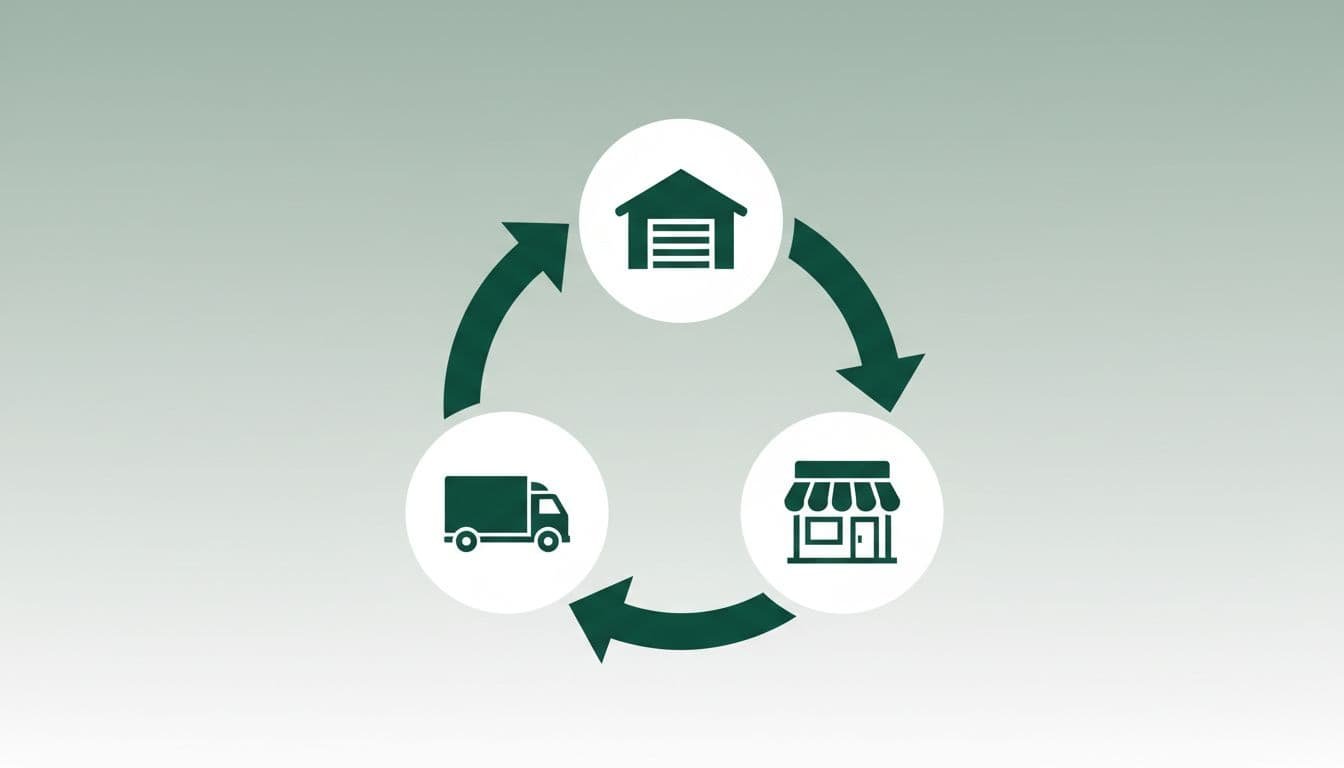 Circular diagram with arrows connecting warehouse, truck, and retail store.