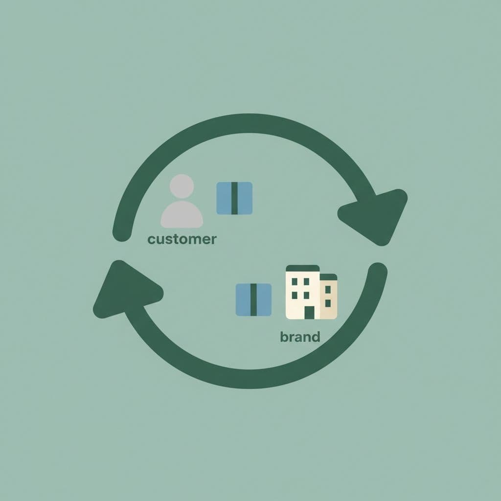 A minimalist graphic showing a product moving in a loop between a customer and a brand.