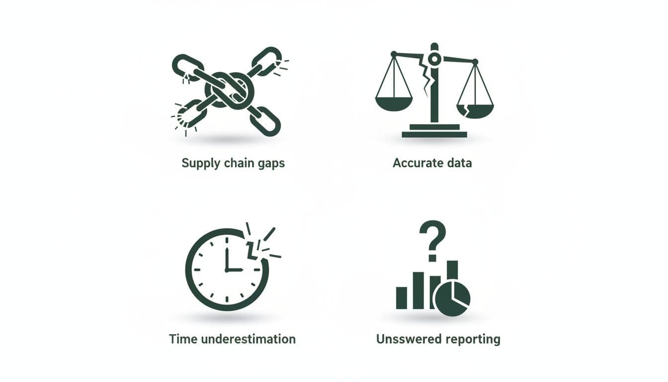 Grid of simple icons: tangled chains, broken scale, clock, question mark over report on white background.