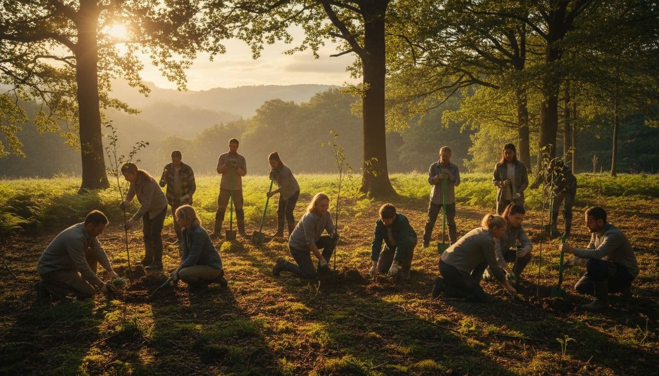 Diverse group of people planting saplings in a sunlit forest with green-handled tools.