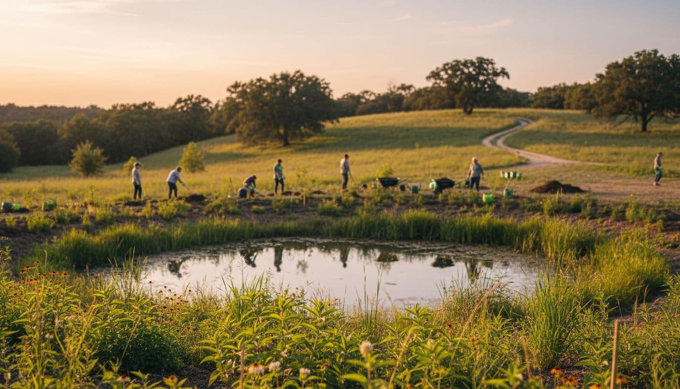 People work together to plant native vegetation around a small pond under warm afternoon sunlight.