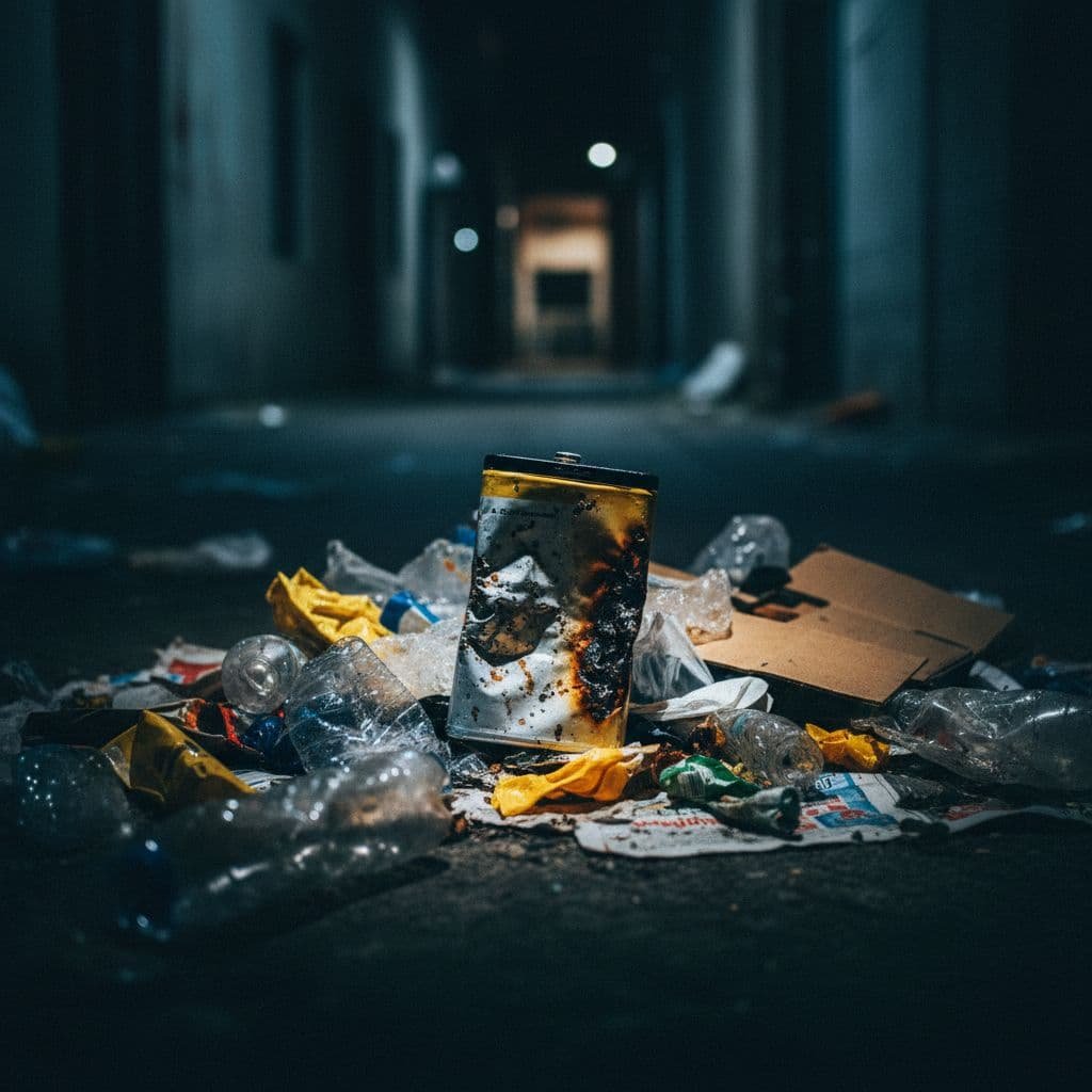 A swollen lithium battery lies partially buried among household plastic and paper trash in a dark alley.