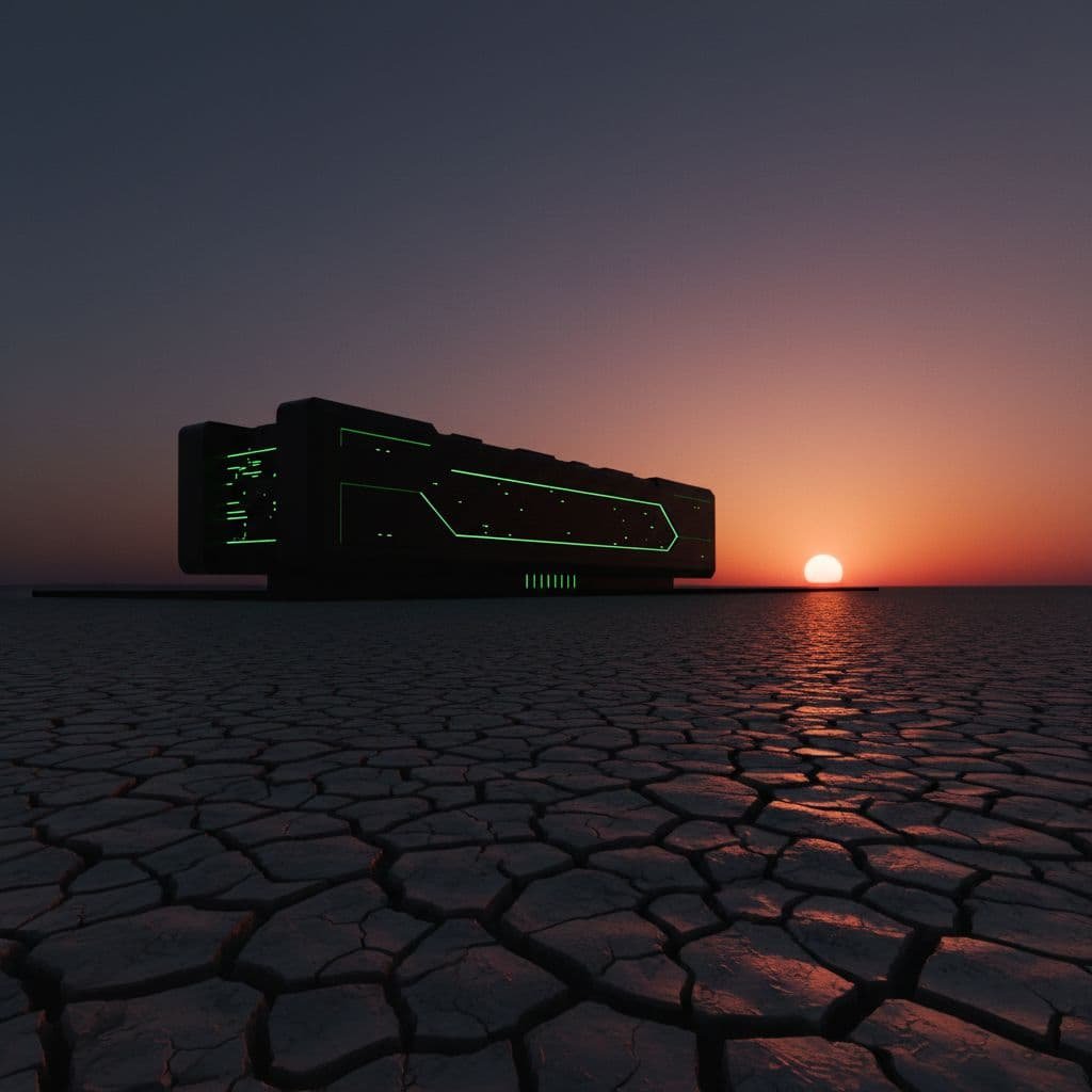 A sleek, dark building with glowing green edges stands isolated on parched, cracked earth. The intense sunlight casts deep shadows, emphasizing the harsh contrast between digital infrastructure and the dry desert.