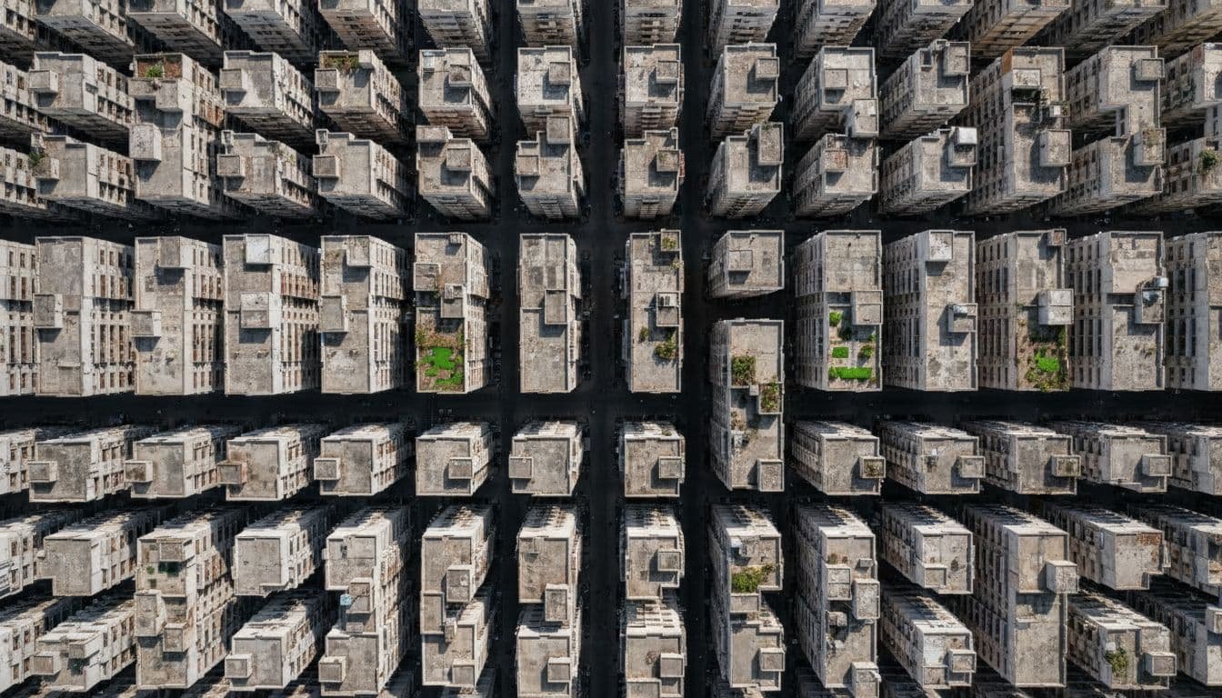 An aerial view captures an expansive, crowded city neighborhood dominated by grey concrete buildings and narrow streets.