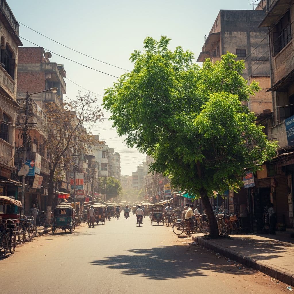 A sun-scorched Indian city street features asphalt roads under harsh light with one vibrant green tree.