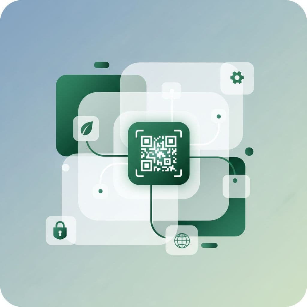 A minimalist graphic design features clean geometric shapes and dark green accents representing a digital product journey.