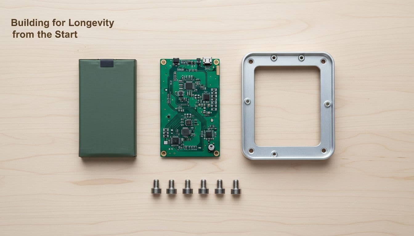 Neatly arranged circuit board, battery pack, chassis, and fasteners on wooden workbench, top-down view.