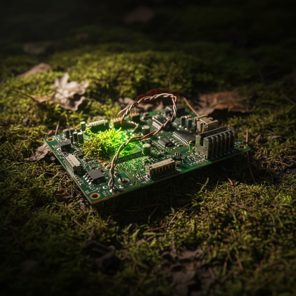 A discarded electronic circuit board rests among vibrant green moss on a forest floor.