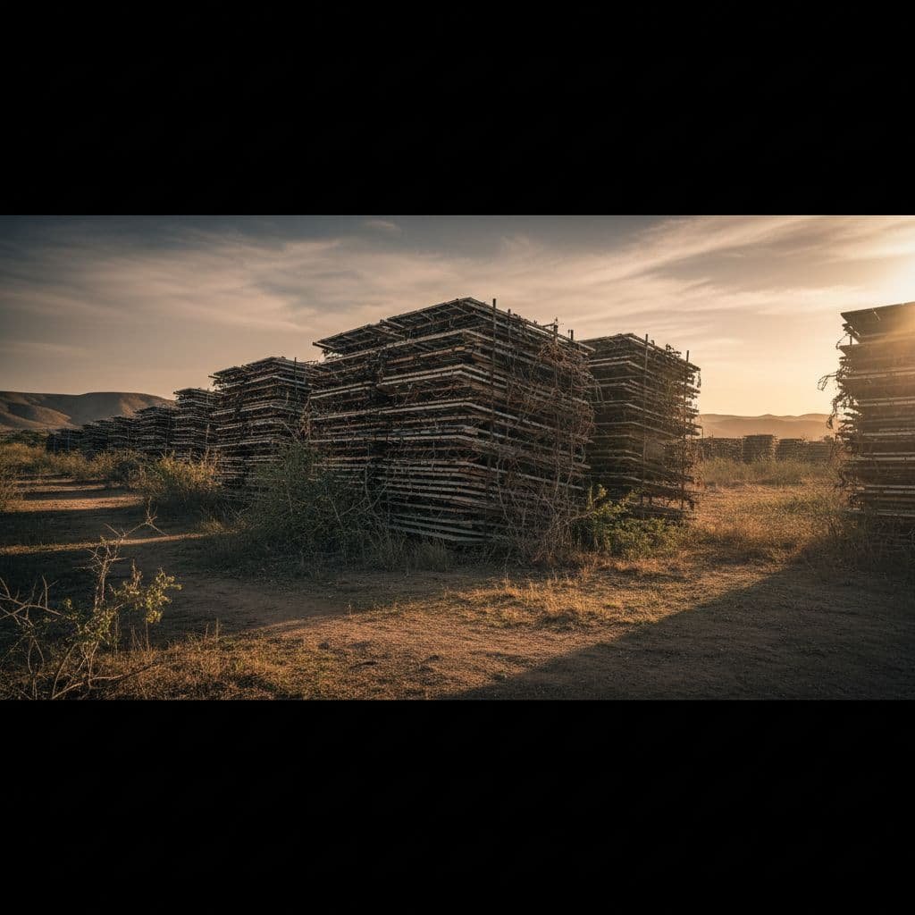 A pile of discarded solar panels sits abandoned within an open, grassy landscape.