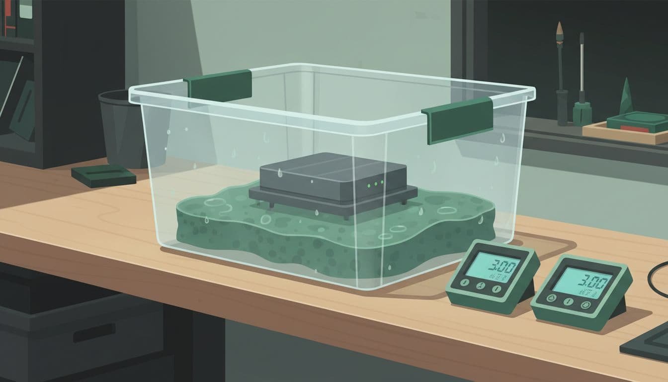 Plastic storage box as humidity chamber holds wet sponge and small electronics product, with thermometer and hygrometer on nearby table.