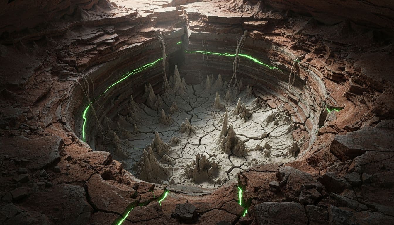 A view through a deep surface crack revealing a dry, receding underground water source.