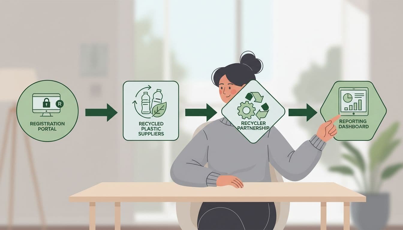 Small brand founder at desk with horizontal flowchart icons for registration portal, recycled plastic suppliers, recycler partnership, and reporting dashboard.