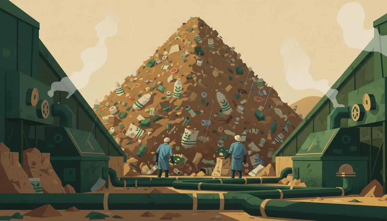 Mixed compostable and non-compostable waste pile at failing industrial facility in India, two distant workers sorting unsuccessfully amid humid outdoor pipes and machinery.