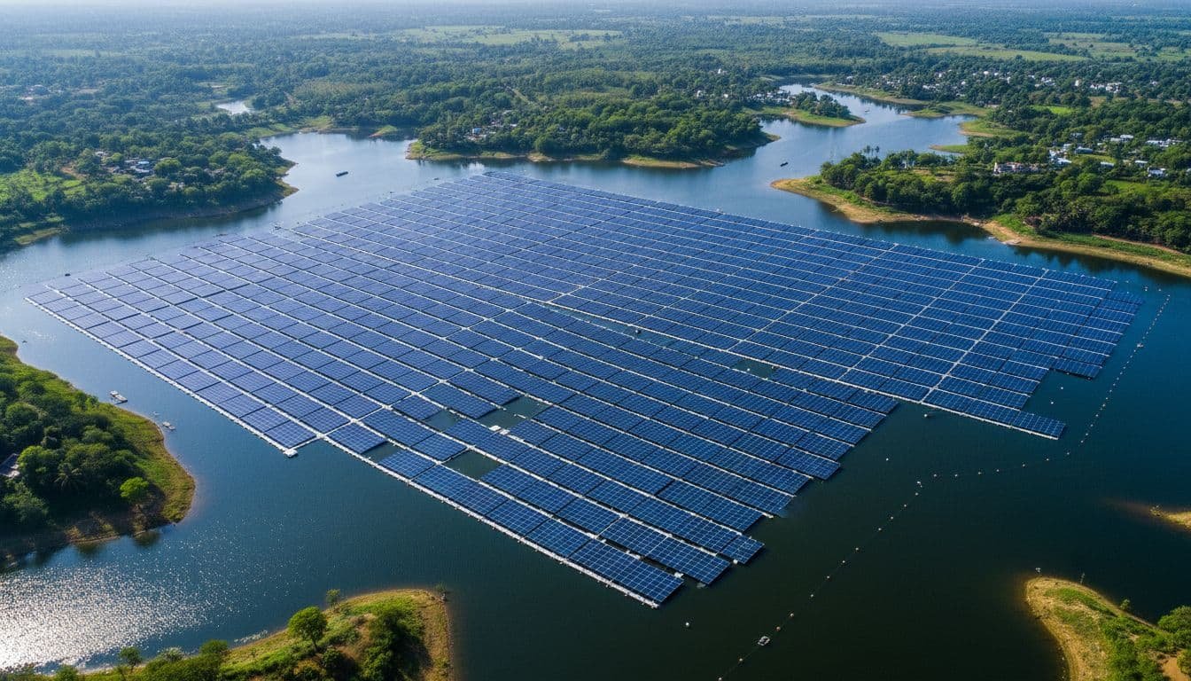 A sprawling grid of dark blue solar modules floats across the calm surface of a large Indian reservoir. Sunlight glints off the water, highlighting the contrast with the surrounding dry, green landscape.