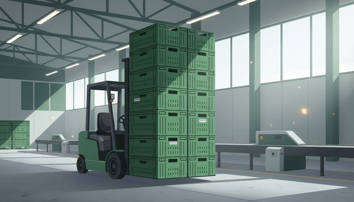 Forklift lifts stack of dark green plastic crates in modern Indian warehouse.